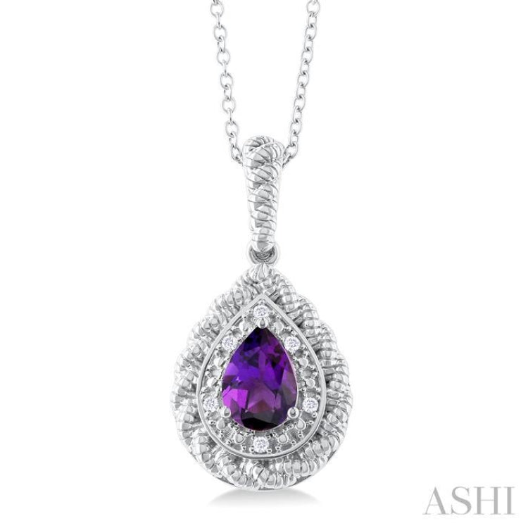 7X5 MM Pear Cut Amethyst and 1/20 Ctw Round Cut Diamond Semi-Precious Pendant With Chain in Sterling Silver