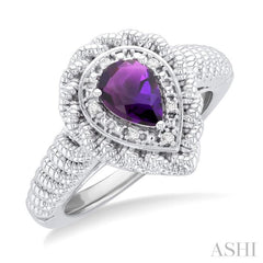 7X5 MM Pear Cut Amethyst and 1/20 Ctw Round Cut Diamond Semi-Precious Ring in Sterling Silver