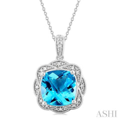 10X10 MM Cushion Shape Blue Topaz and 1/20 Ctw Round Cut Diamond Semi-Precious Pendant With Chain in Sterling Silver
