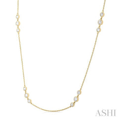 3/4 Ctw Three Stone Bezel Set Round Cut Diamond Station Necklace in 14K Yellow Gold