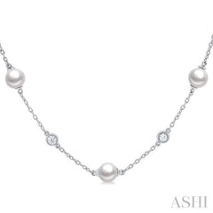 5 MM Round Shape Cultured Pearls and 1/4 Ctw Round Cut Diamond Station Necklace in 14K White Gold