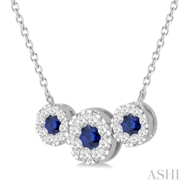 3.8 MM & 3 MM Sapphire and 5/8 Ctw Round Cut Diamond Past Present & Future Precious Necklace in 14K White Gold