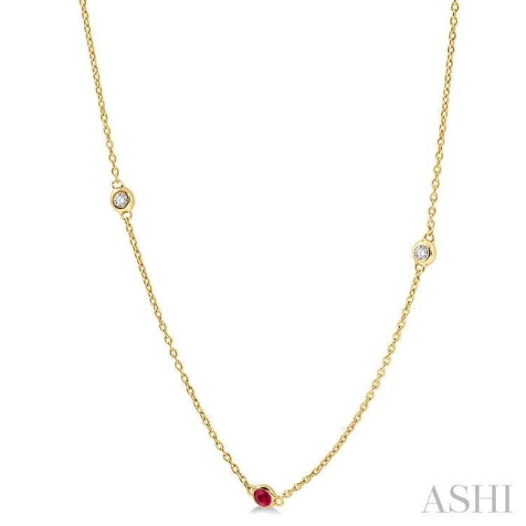 1.75 MM Ruby and 1/6 Ctw Round Cut Diamond Precious Station Necklace in 14K Yellow Gold