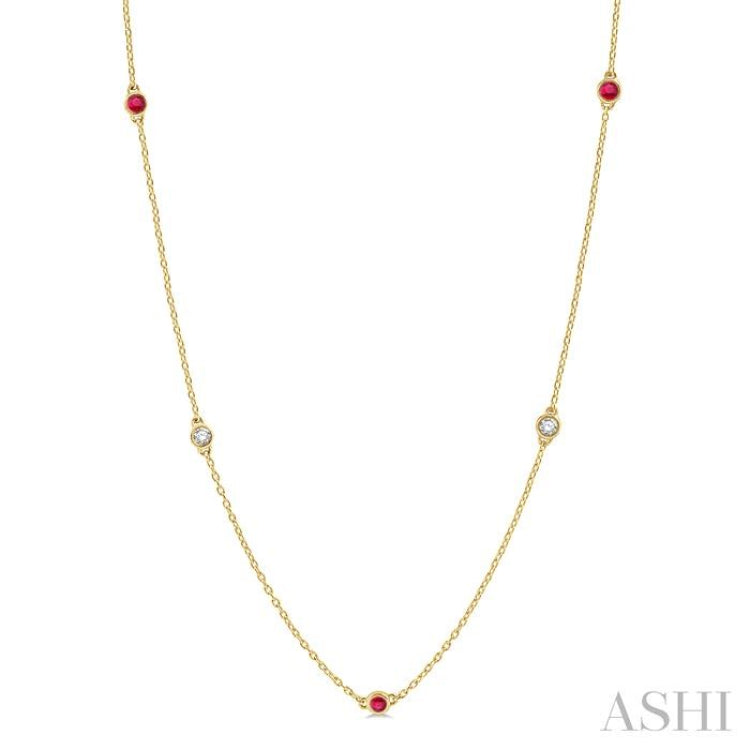 2.6 MM Ruby and 3/8 Ctw Round Cut Diamond Precious Station Necklace in 14K Yellow Gold