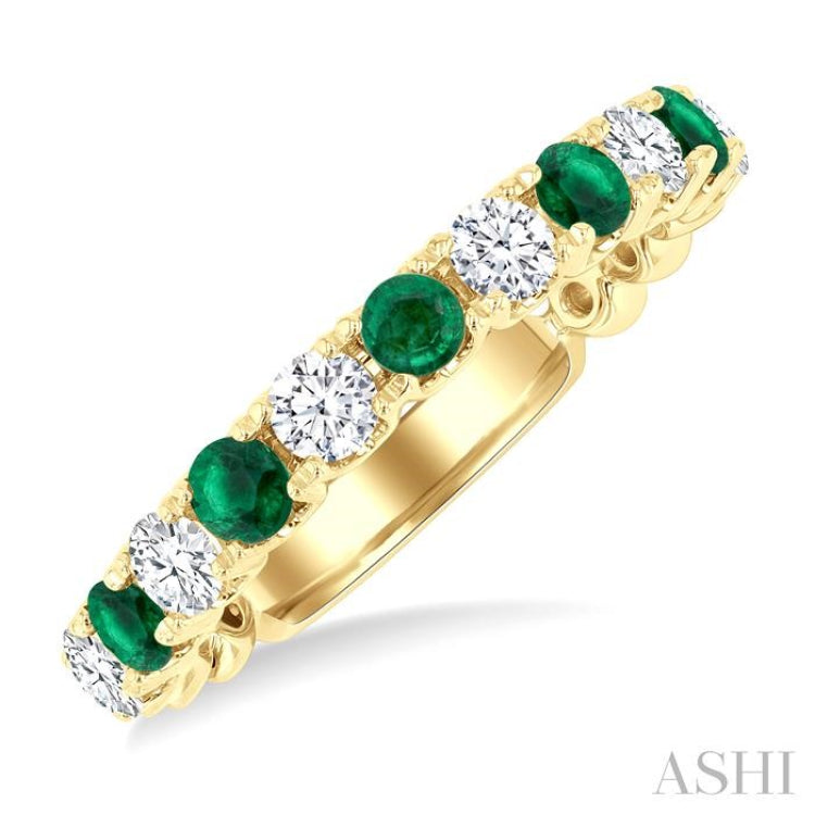 2.85 MM Emerald and 1/2 Ctw Round Cut Diamond Precious Wedding Band in 14K Yellow Gold