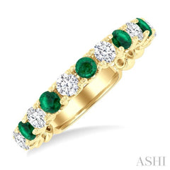2.85 MM Emerald and 1/2 Ctw Round Cut Diamond Precious Wedding Band in 14K Yellow Gold