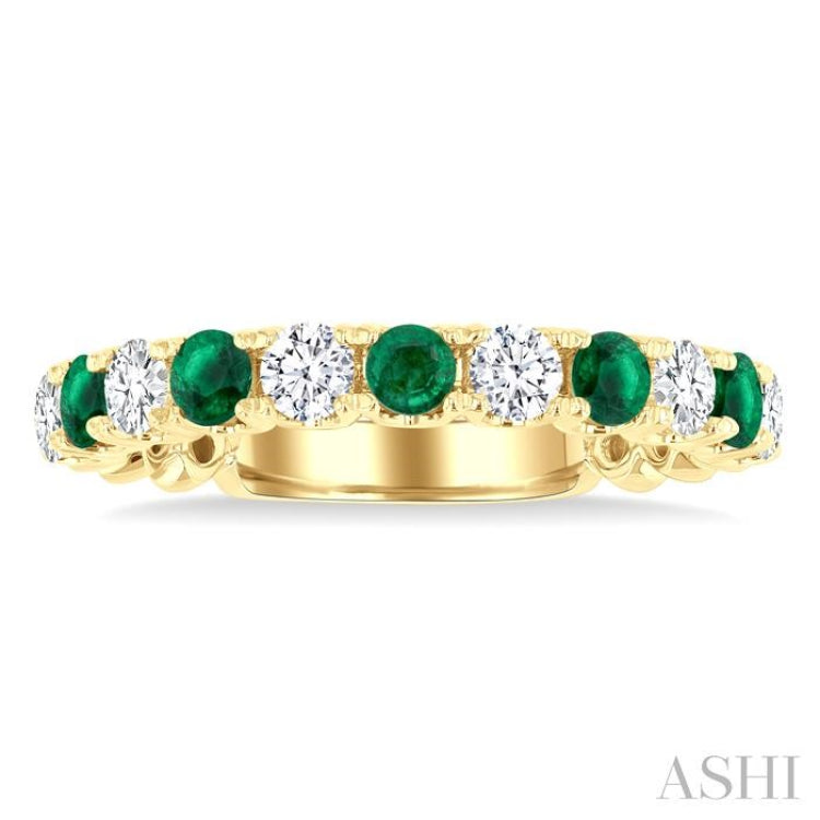 2.85 MM Emerald and 1/2 Ctw Round Cut Diamond Precious Wedding Band in 14K Yellow Gold