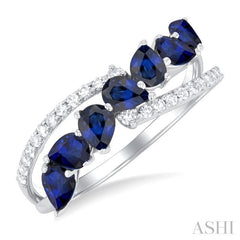 4x3 MM Pear Shape Sapphire and 1/6 Ctw Single Cut Diamond Precious Fashion Ring in 14K White Gold