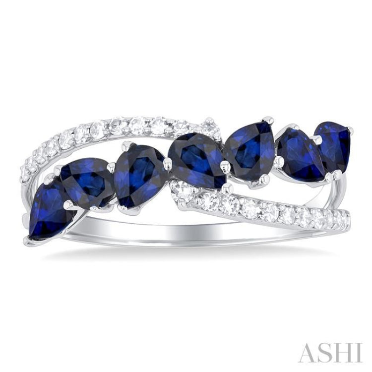 4x3 MM Pear Shape Sapphire and 1/6 Ctw Single Cut Diamond Precious Fashion Ring in 14K White Gold