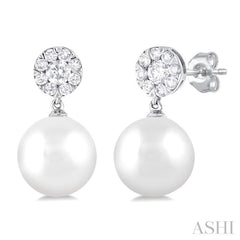 7 MM Cultured White Pearl and 1/4 Ctw Disc Top Lovebright Round Cut Diamond Fashion Earrings in 14K White Gold