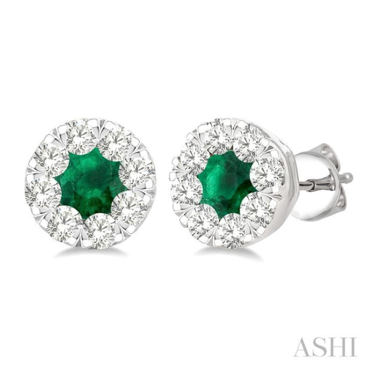 3.3 MM Emerald and 1/2 Ctw Round Cut Diamond Lovebright Precious Stud Earrings in 14K White Gold