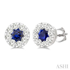 3.3 MM Sapphire and 1/2 Ctw Round Cut Diamond Lovebright Precious Stud Earrings in 14K White Gold
