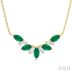 5x2.5 MM Marquise Cut Emerald and 1/6 Ctw Baguette Cut Diamond Precious Gemstone Necklace in 14K Yellow Gold