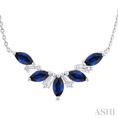 5x2.5 MM Marquise Cut Sapphire and 1/6 Ctw Baguette Cut Diamond Precious Gemstone Necklace in 14K White Gold