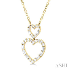 1/3 Ctw Twin Heart Fusion Baguette and Round Cut Diamond Pendant With Chain in 10K Yellow Gold