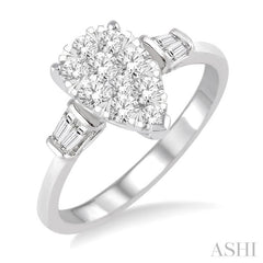 5/8 Ctw Pear Shape Lovebright Baguette and Round Cut Diamond Cluster Ring in 14K White Gold