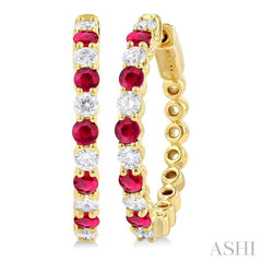 2.7 MM Round Shape Ruby and 7/8 Ctw Round Cut Diamond Precious Hoop Earring in 14K Yellow Gold