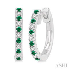 1.35 MM Round Shape Emerald and 1/10 Ctw Petite Round Cut Diamond Precious Fashion Huggies in 10K White Gold