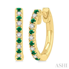 1.35 MM Round Shape Emerald and 1/10 Ctw Petite Round Cut Diamond Precious Fashion Huggies in 10K Yellow Gold