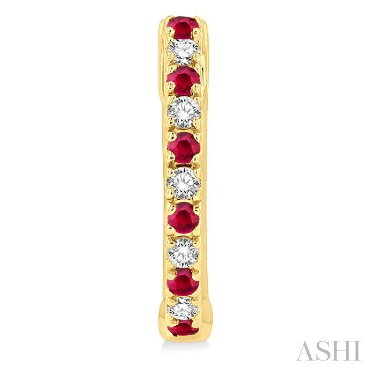 1.35 MM Round Shape Ruby and 1/10 Ctw Petite Round Cut Diamond Precious Fashion Huggies in 10K Yellow Gold
