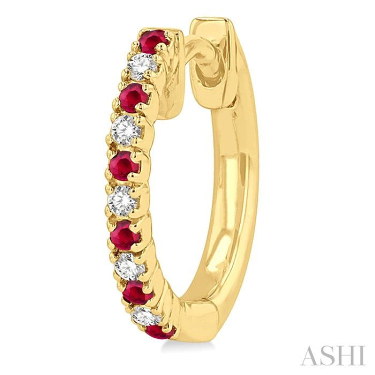 1.35 MM Round Shape Ruby and 1/10 Ctw Petite Round Cut Diamond Precious Fashion Huggies in 10K Yellow Gold