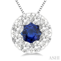 3.8 MM Sapphire and 1/3 Ctw Round Cut Lovebright Diamond Precious Pendant With Chain in 14K White Gold