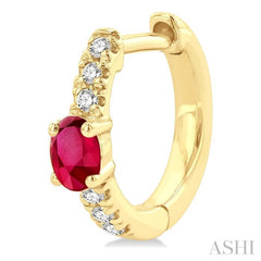 4X3 MM Petite Oval Cut Ruby and 1/10 Ctw Round Cut Diamond Fashion Huggies in 10K Yellow Gold