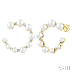 2.8 - 4.5 MM Round Shape Cultured Pearls and 1/5 Ctw Graduated Round Cut Diamond Half Hoop Earring in 14K Yellow Gold