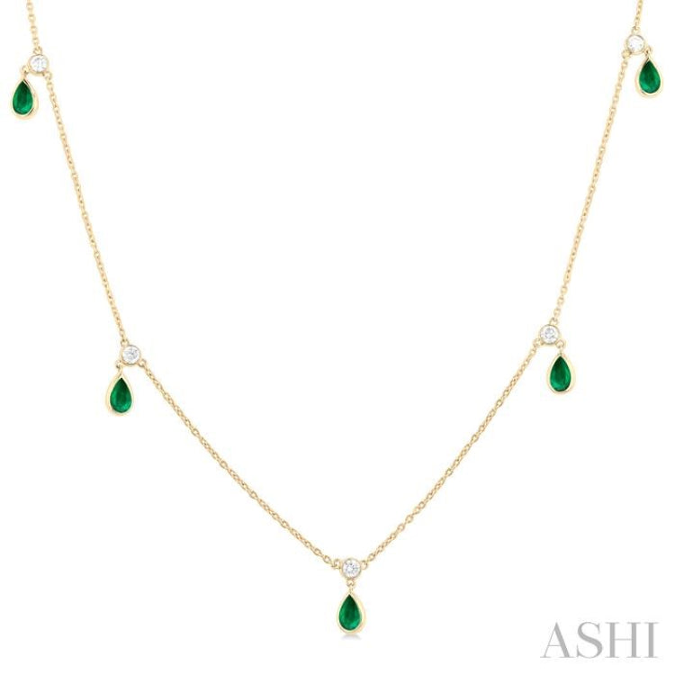 5x3 MM Pear Shape Emerald and 1/4 Ctw Round Cut Diamonds Precious Station Necklace in 14K Yellow Gold