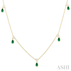 5x3 MM Pear Shape Emerald and 1/4 Ctw Round Cut Diamonds Precious Station Necklace in 14K Yellow Gold
