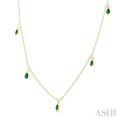 5x3 MM Pear Shape Emerald and 1/4 Ctw Round Cut Diamonds Precious Station Necklace in 14K Yellow Gold