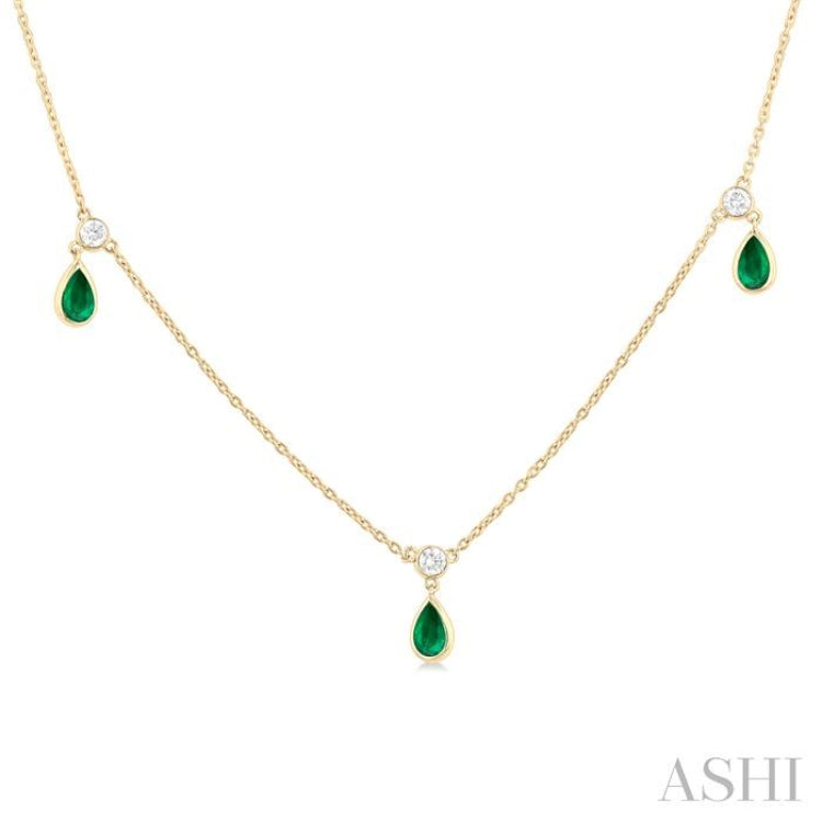 5x3 MM Pear Shape Emerald and 1/4 Ctw Round Cut Diamonds Precious Station Necklace in 14K Yellow Gold