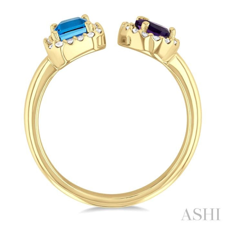 6X4 MM Emerald Cut Blue Topaz and Pear Cut Amethyst and 1/5 Ctw Open Toi Et Moi Round Cut Diamond Halo Fashion Ring in 14K Yellow Gold