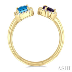 6X4 MM Emerald Cut Blue Topaz and Pear Cut Amethyst and 1/5 Ctw Open Toi Et Moi Round Cut Diamond Halo Fashion Ring in 14K Yellow Gold
