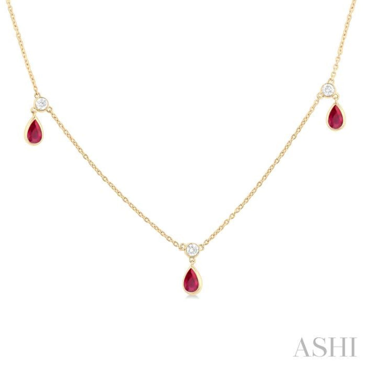 5x3 MM Pear Shape Ruby and 1/4 Ctw Round Cut Diamonds Precious Station Necklace in 14K Yellow Gold