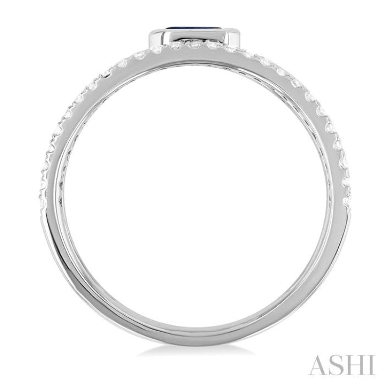 5x3 MM East- West Emerald Shape Sapphire and 1/4 Ctw Single Cut Diamond Triple Split Precious Ring in 10K White Gold