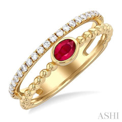 4x3 MM Oval Shape Ruby and 1/5 Ctw Single Cut Diamonds Precious Fashion Split Twin Ring in 10K Yellow Gold