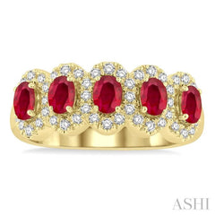 4x3 MM Oval Cut Ruby and 1/3 Ctw Round Cut Diamond Precious Wedding Band in 14K Yellow Gold