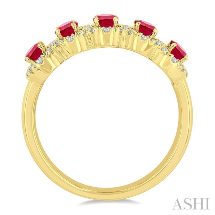 4x3 MM Oval Cut Ruby and 1/3 Ctw Round Cut Diamond Precious Wedding Band in 14K Yellow Gold