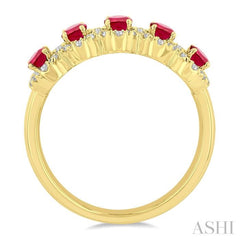 4x3 MM Oval Cut Ruby and 1/3 Ctw Round Cut Diamond Precious Wedding Band in 14K Yellow Gold