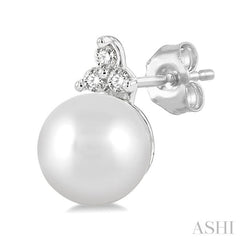 5.5 MM Round Cut Cultured Pearl and 1/20 Ctw Petite Round Cut Diamond Fashion Stud Earring in 10K White Gold