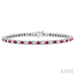 2.5 MM Ruby and 1 1/2 Ctw Round Cut Diamond Square Box Link Precious Tennis Bracelet in 14K White Gold