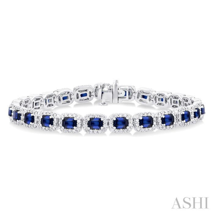 4X3 MM Emerald Cut Sapphire and 2 1/5 Ctw Round Cut Diamond Halo Precious Bracelet in 14K White Gold