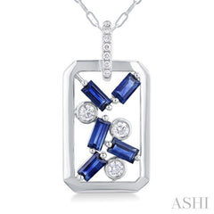 4x2 MM Scatter Baguette Cut Sapphire and 1/6 Ctw Round Cut Diamond Precious Fashion Pendant With Chain in 14K White Gold
