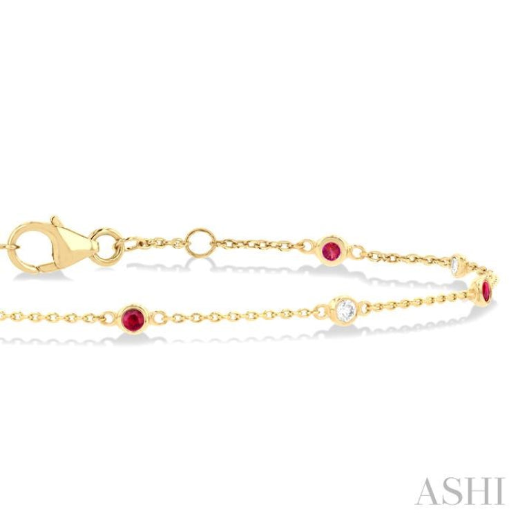 1.8 MM Ruby and 1/10 Ctw Bezel Set Round Cut Diamond Precious Gemstone Station Bracelet in 14K Yellow Gold