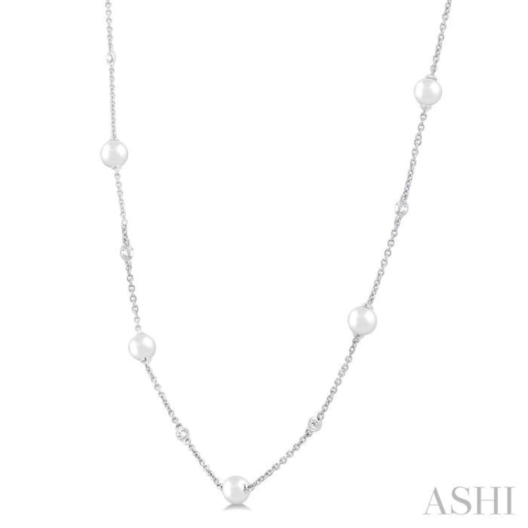 4 MM Round Shape Cultured Pearl and 1/6 Ctw Round Cut Diamond Station Necklace in 14K White Gold