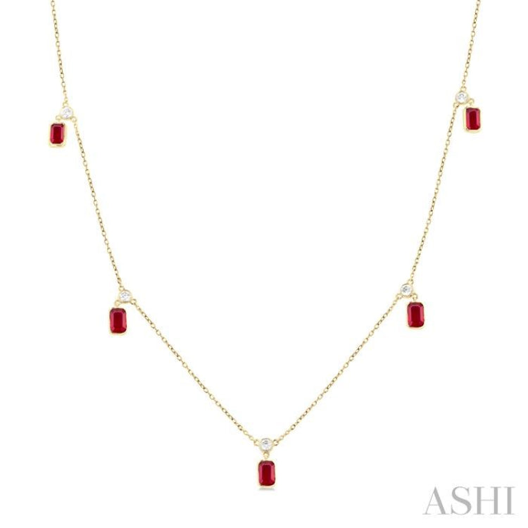 5x3 MM Octagonal Shape Ruby and 1/4 Ctw Round Cut Diamonds Precious Station Necklace in 14K Yellow Gold