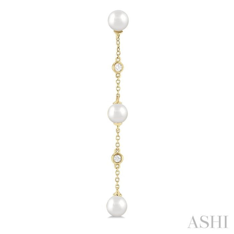 5 MM Round Shape Cultured Pearls and 1/10 Ctw Round Cut Diamond Station Long Earring in 14K Yellow Gold