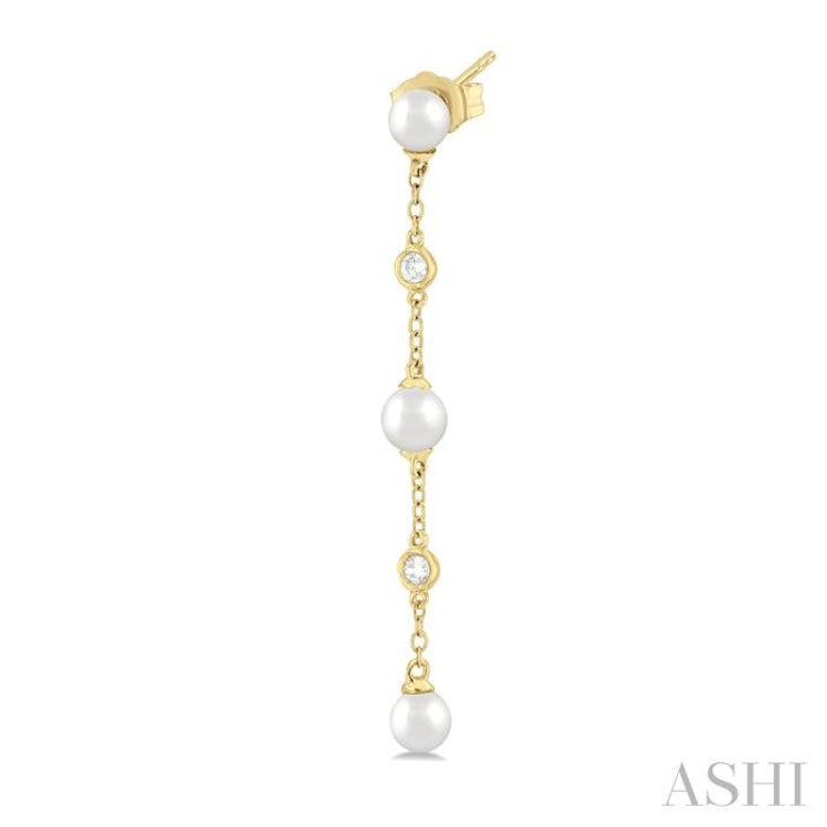 1/20 Ctw Cultured Pearls 4MM and Round Cut Diamond Station Long Earring in 14K Yellow Gold