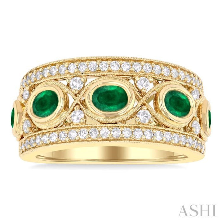 4x3 MM Oval and 2.8 MM Round Cut Emerald and 3/8 Ctw Curvy Criss Cross Single Cut Diamond Precious Band in 14K Yellow Gold
